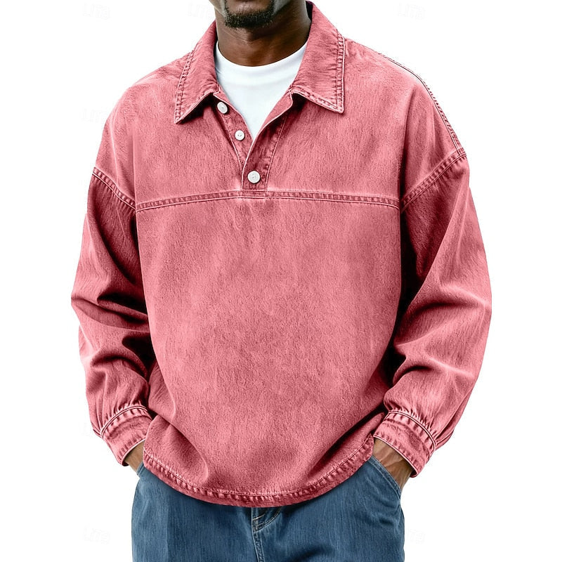 Washed Long Sleeve Polo Shirt for Men, Plus Size