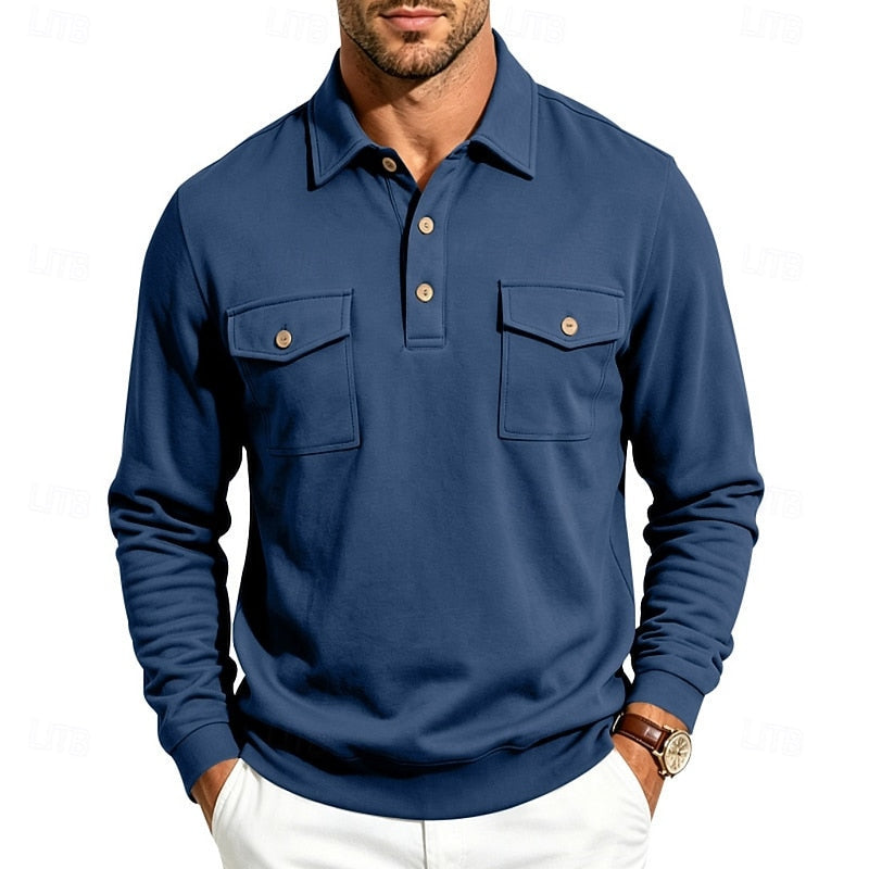 Refined Long-Sleeve Pocket Polo Shirt for Men
