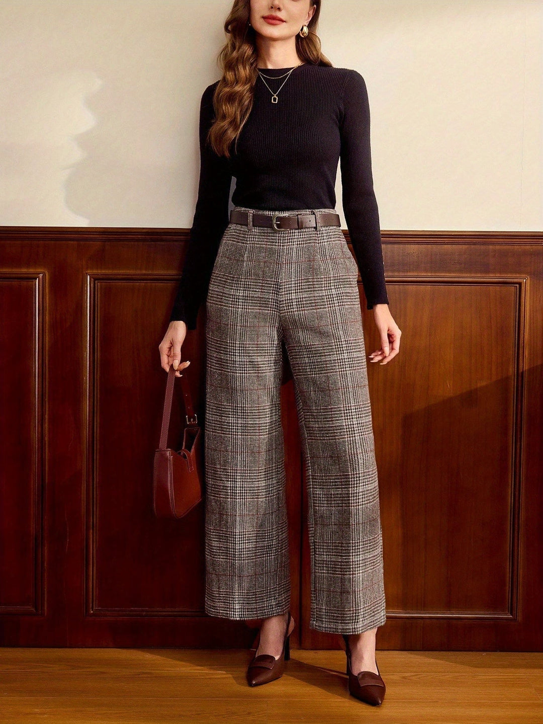 Coffee Brown Tailored Checked Trousers for Women