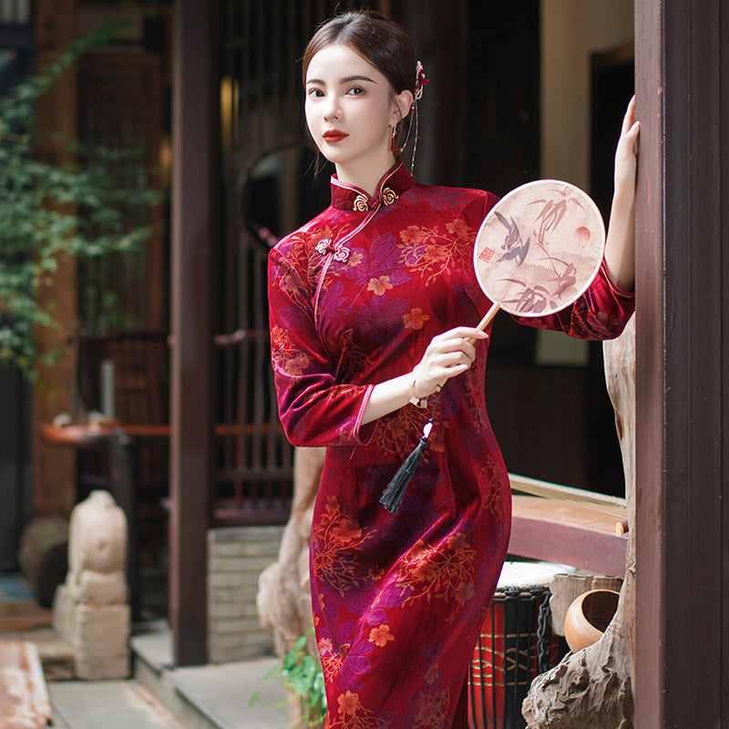 Women's Retro Velvet Cheongsam Dress