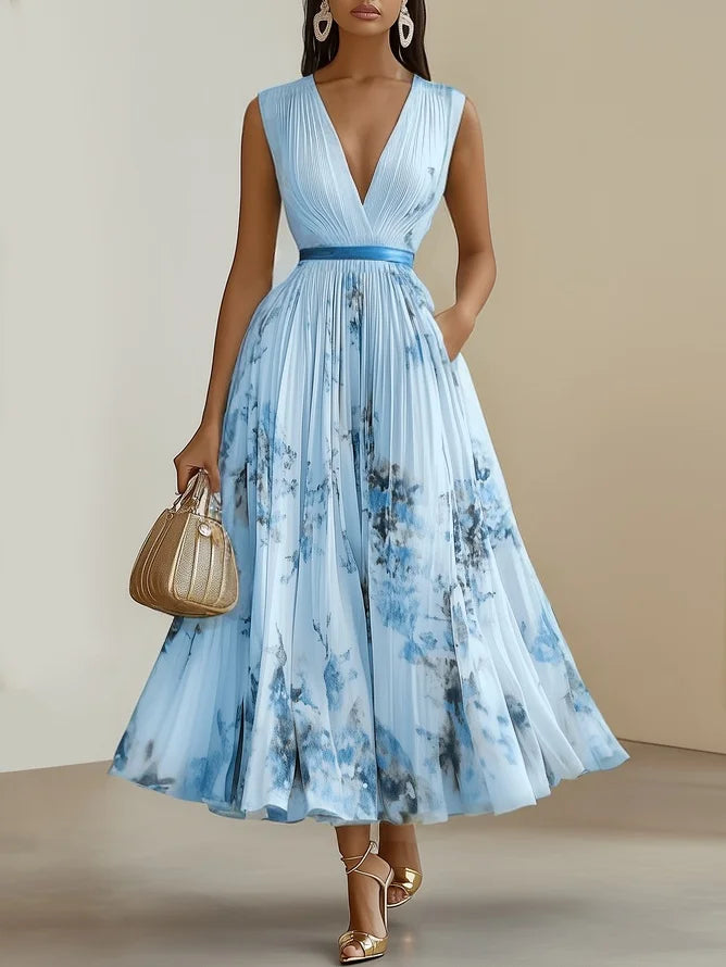 Sleeveless Long V-Neck Dress for Women, Elegant Style