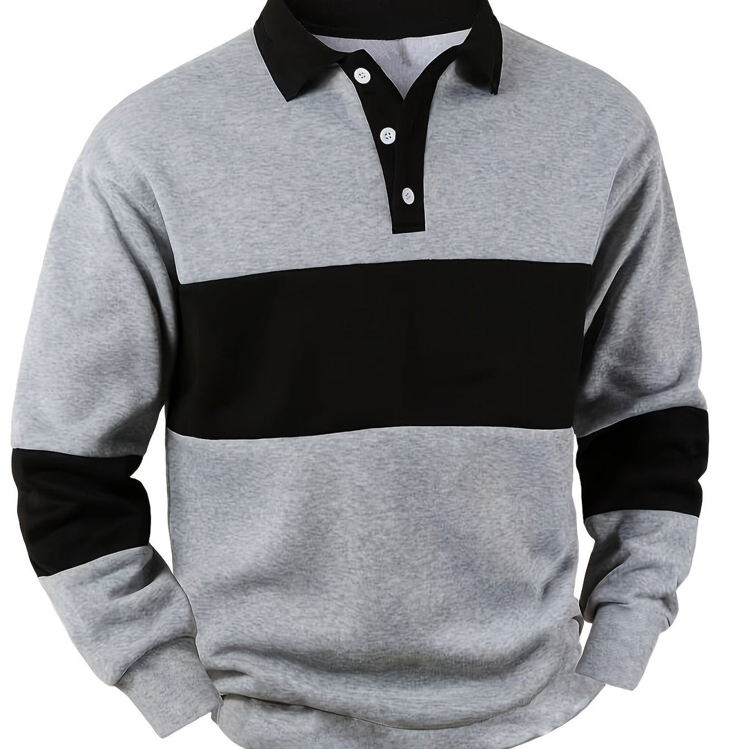 Colour-Block Long Sleeve Polo Shirt for Men, Plus Size