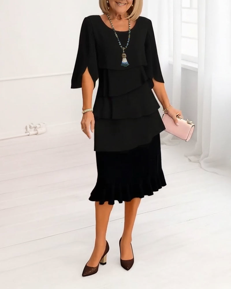 Elegant Mid Sleeve Ruffle Dress for Women, Plus Size