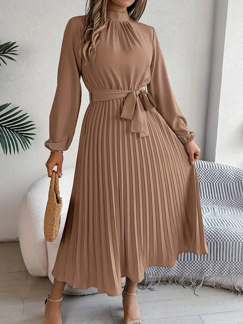Long-Sleeve Belted Waist Midi Dress for Women