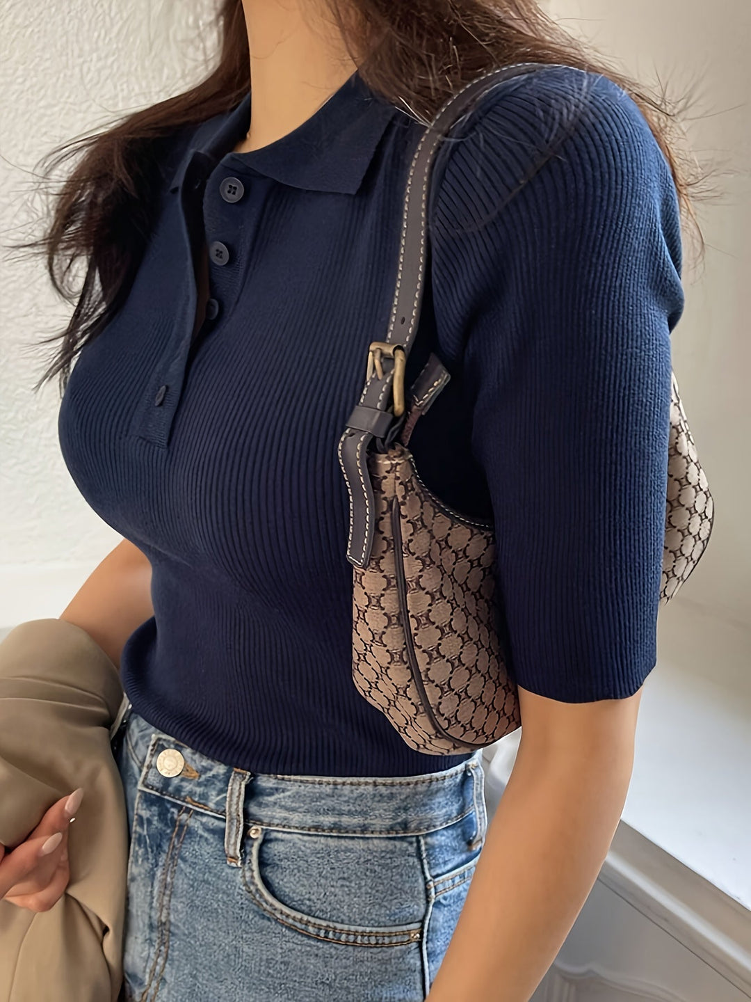 Navy Ribbed Collared Top for Women