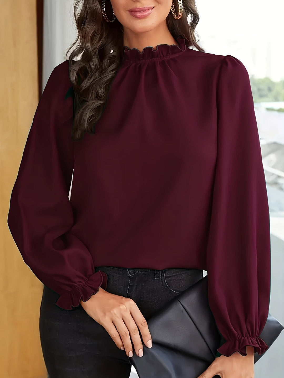 Ruffled High-Neck Puff Sleeve Blouse for Women