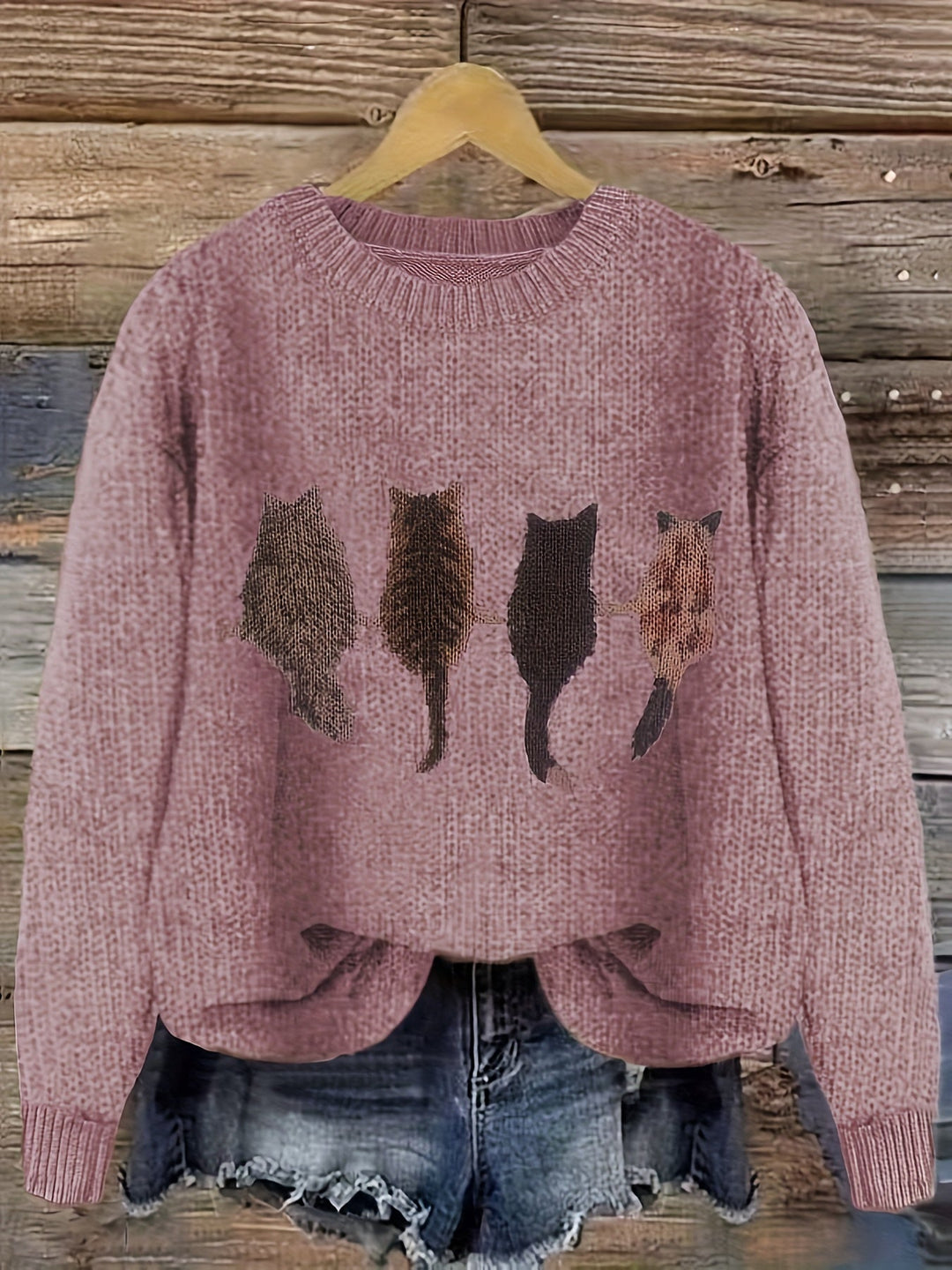 Cat-Print Sweater for Women, Cozy Style