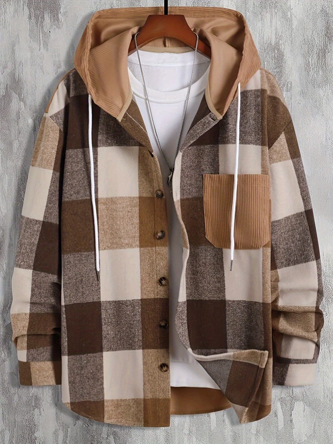 Rust Checked Hooded Overshirt Jacket for Men