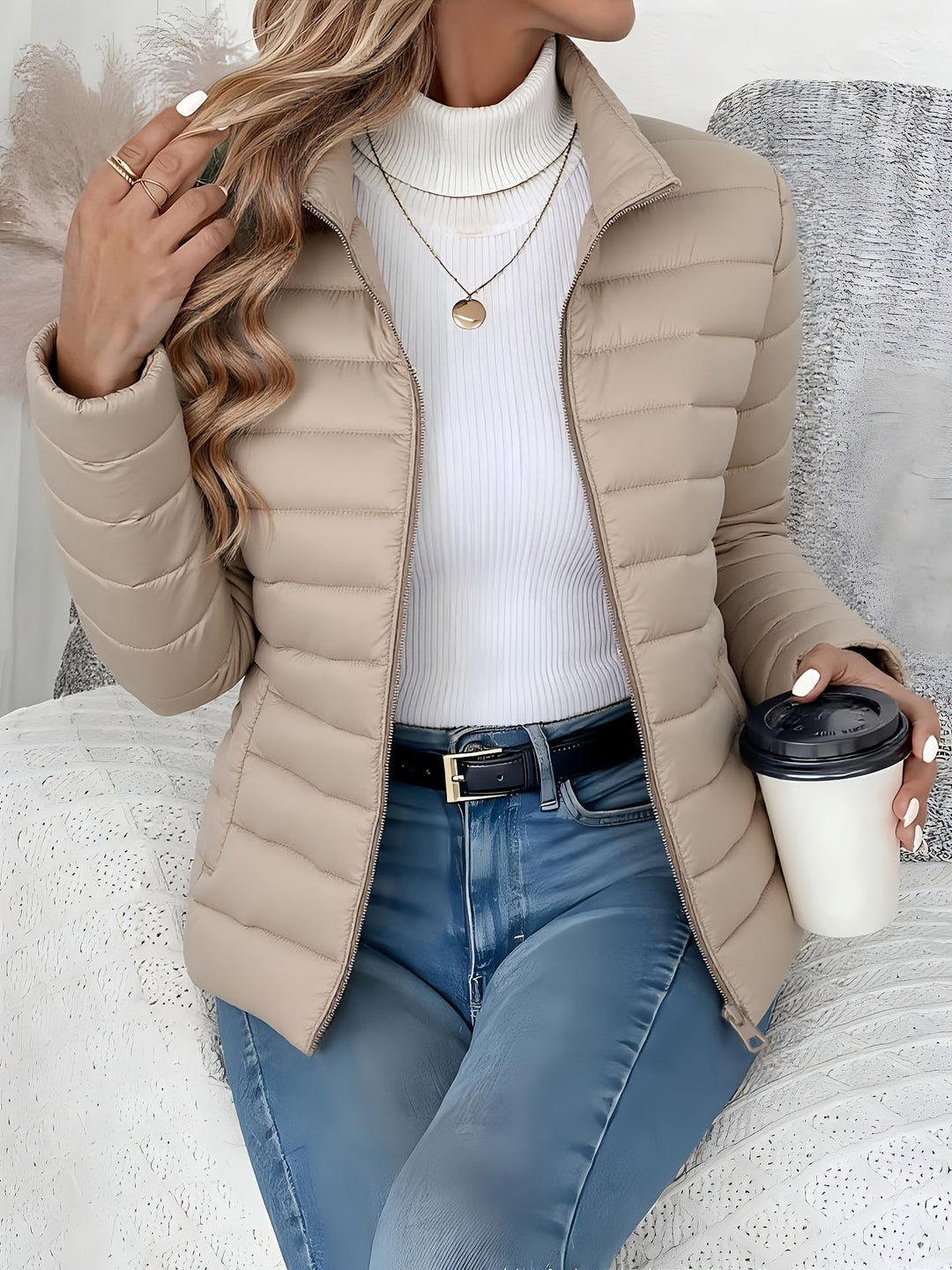 Stand-Collar Puffer Jacket for Women, Lightweight Style