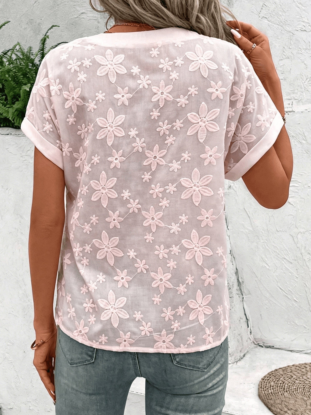 White Floral Embroidered V-Neck Blouse for Women