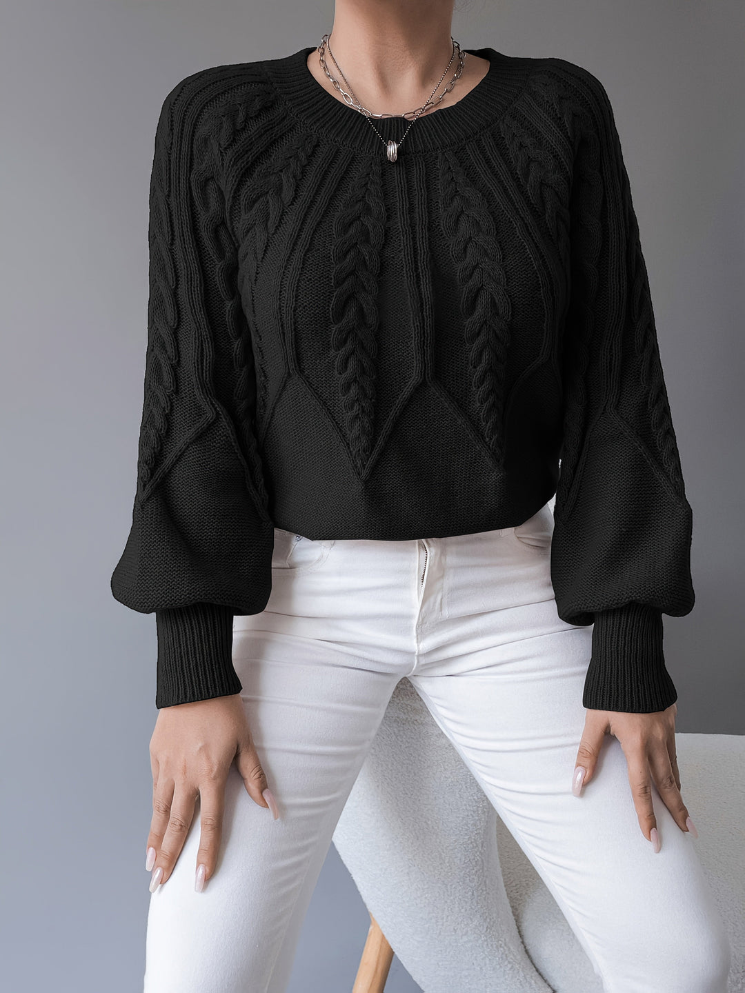 Cable-Knit Lantern Sleeve Sweater for Women
