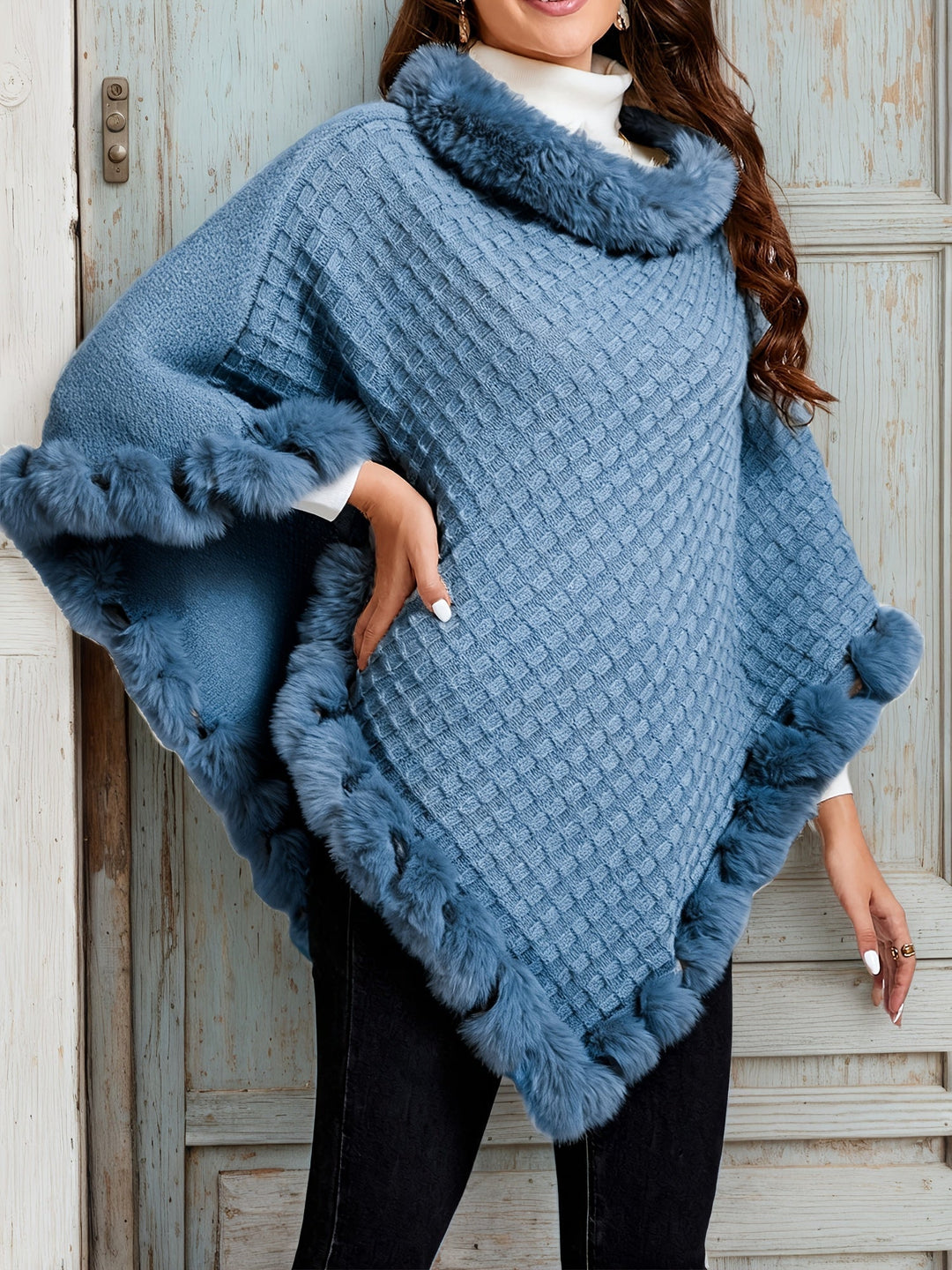 Ladies Cozy Fur-Trim Poncho