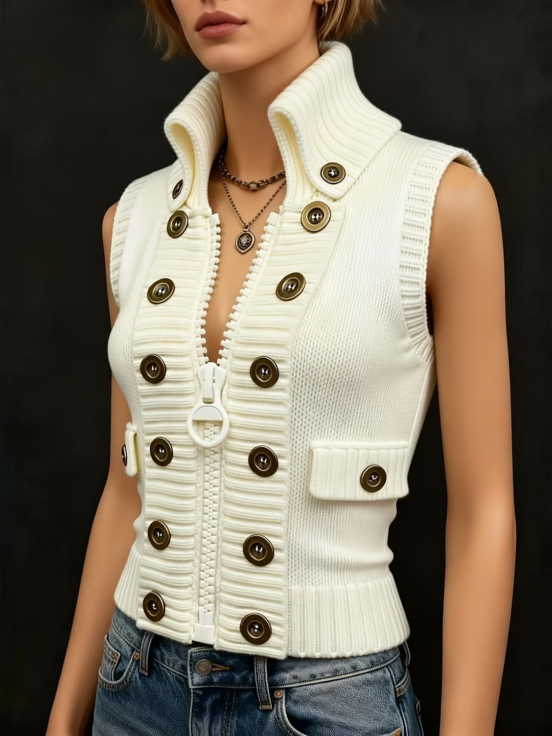 High-Collar Zip Vest for Women
