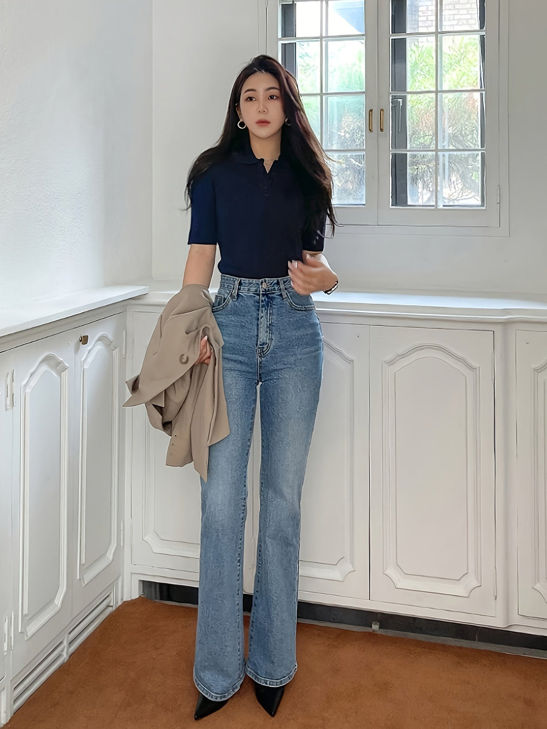 Navy Ribbed Collared Top for Women