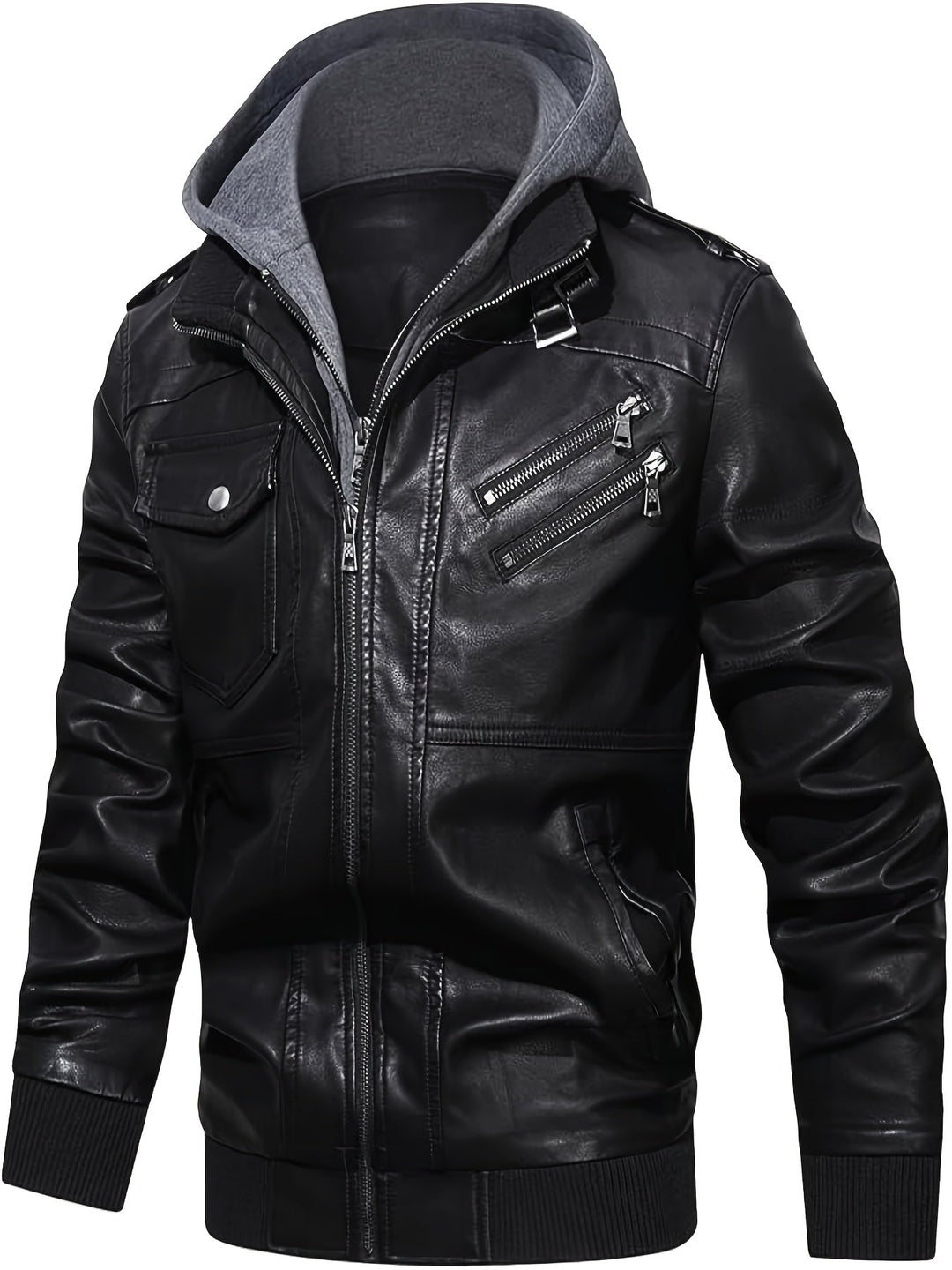 Black Hooded Moto Jacket for Men