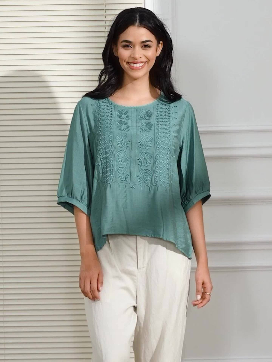 Embroidered Scoop-Neck Blouse for Women