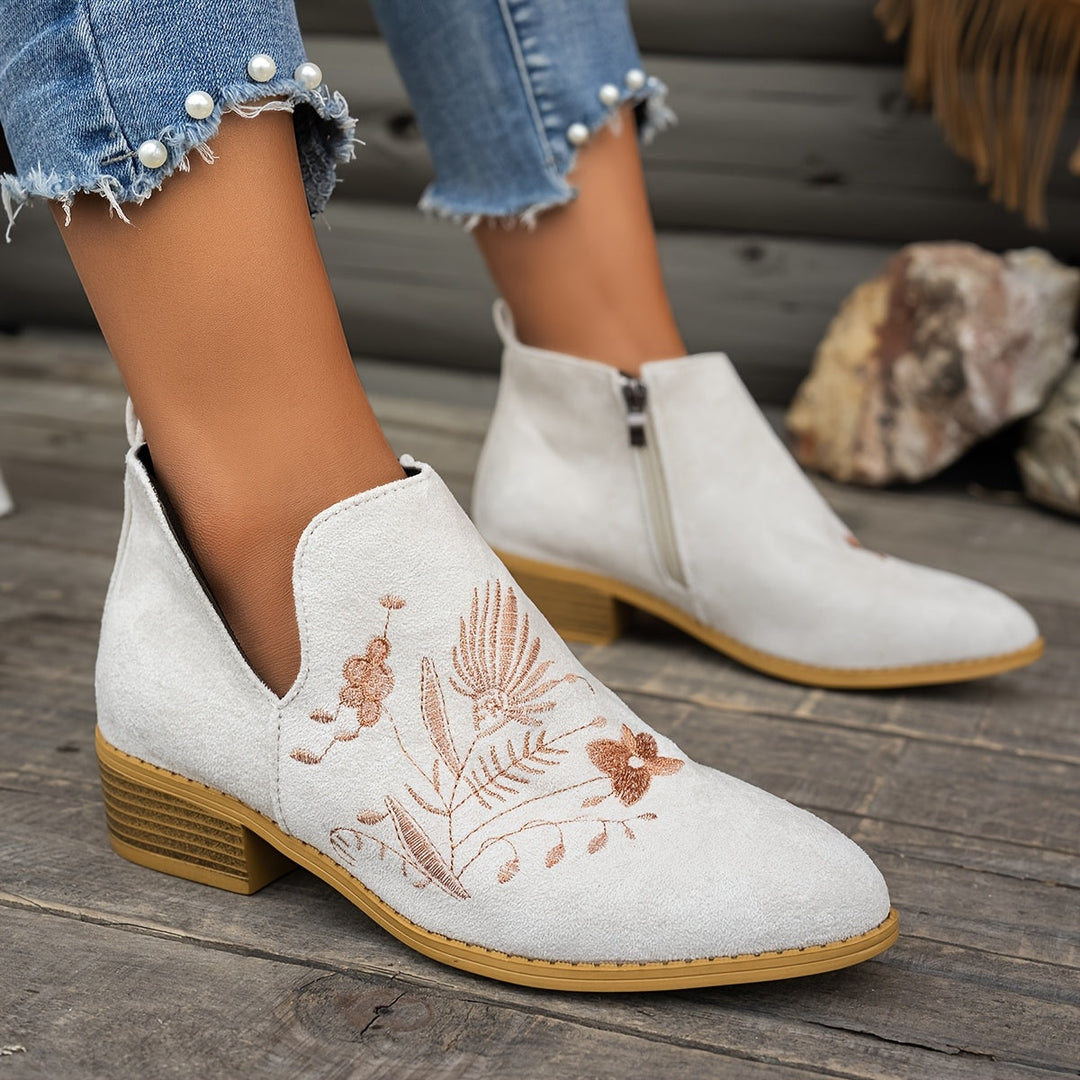 Embroidered Low-Heel Ankle Boots for Women