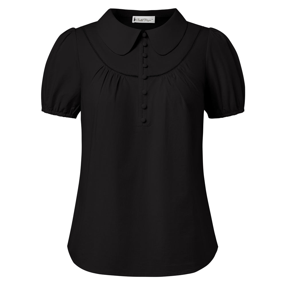 Women's Work Puff Sleeve Cotton Blouse with Peter Pan Collar