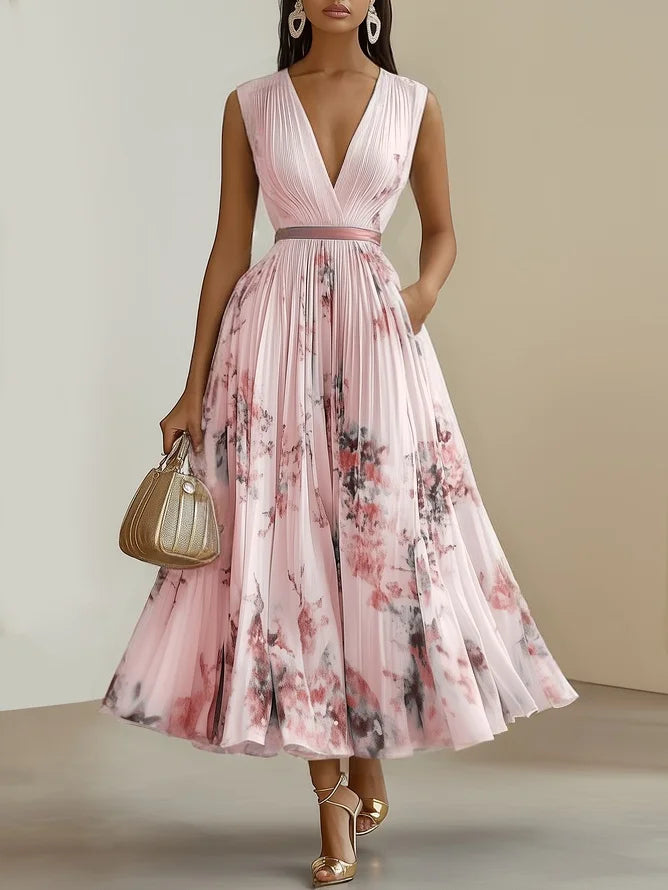 Sleeveless Long V-Neck Dress for Women, Elegant Style