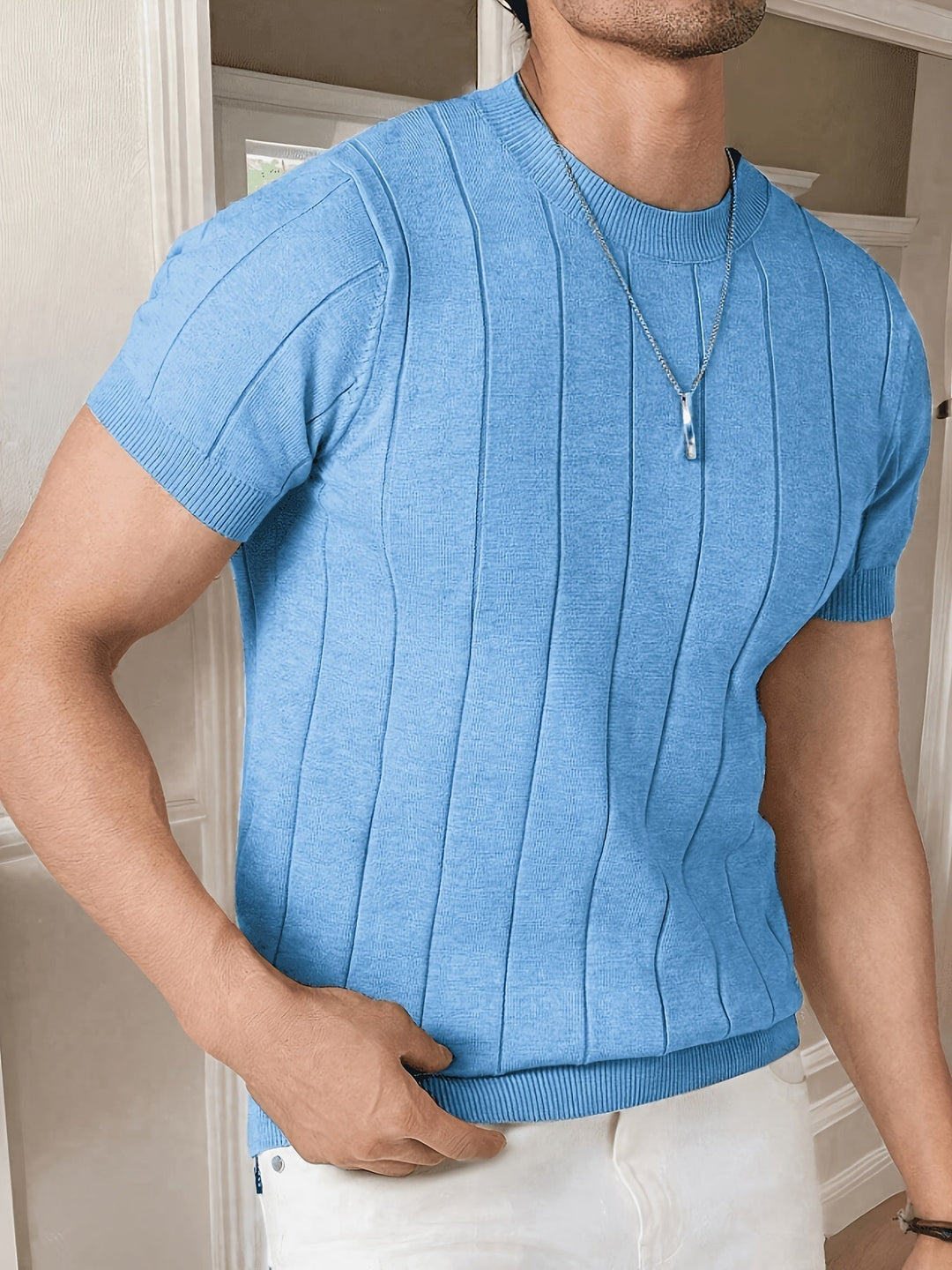 Ribbed Short-Sleeve Knit Top for Men