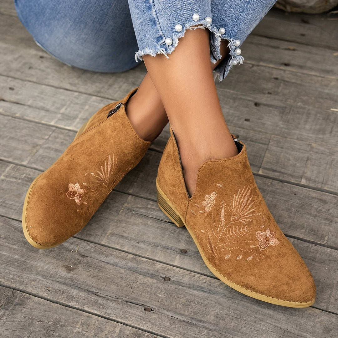 Embroidered Low-Heel Ankle Boots for Women