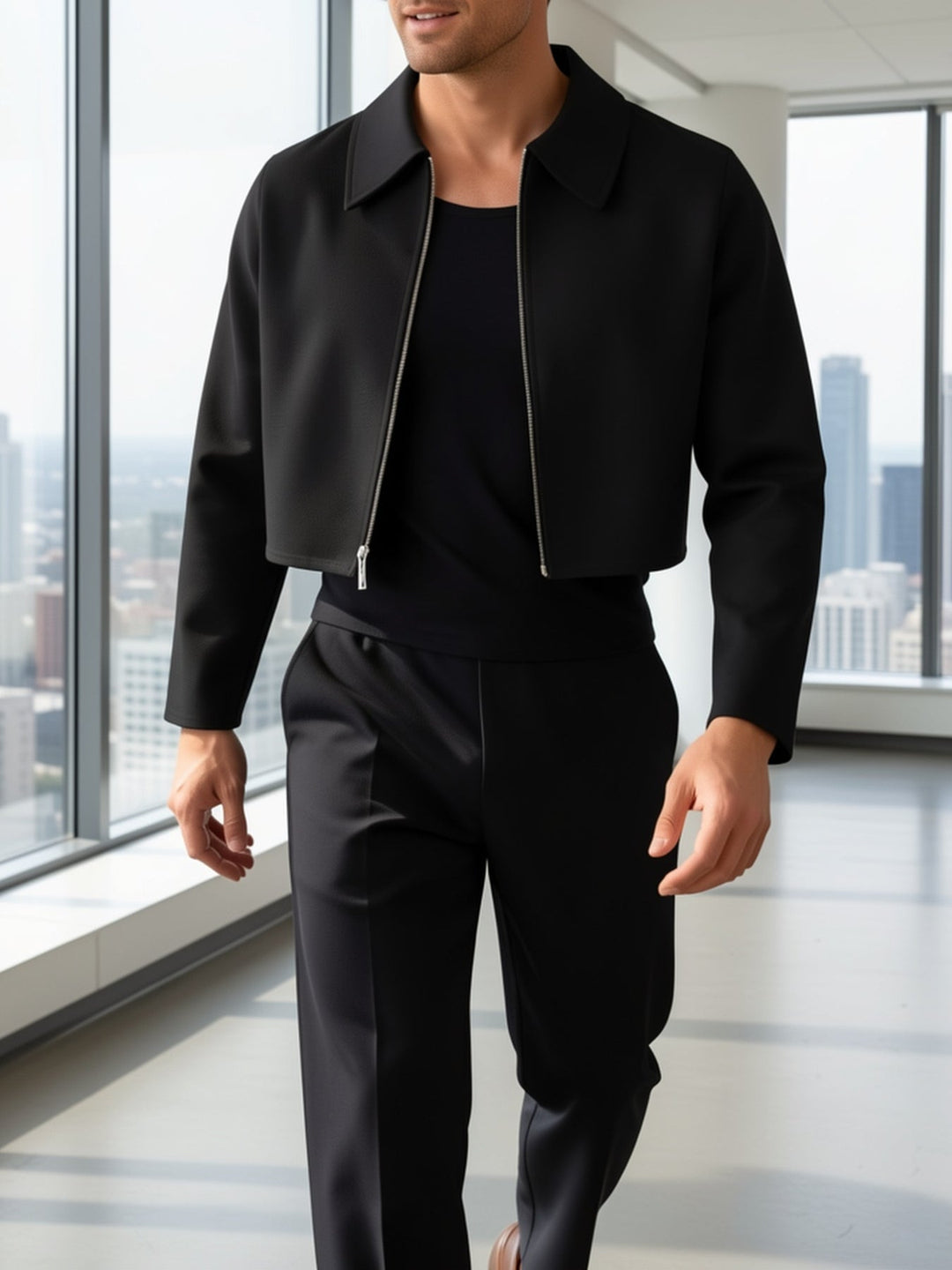 Black Modern Cropped Jacket for Men