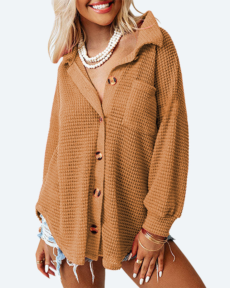 Women's Waffle Knit Relaxed-Fit Button-Down Long Sleeve Top – detail