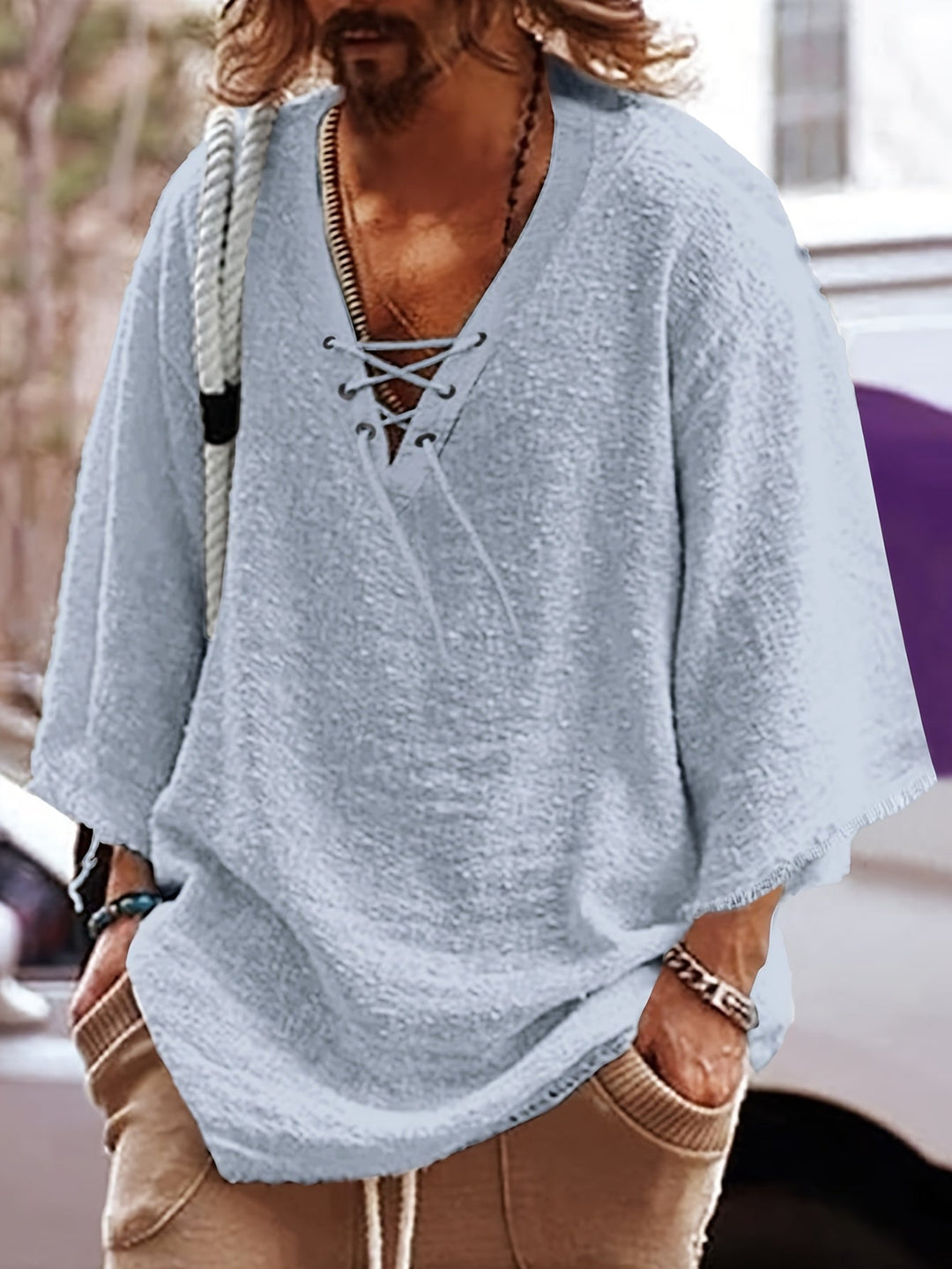 Lace-Up V-Neck Shirt for Men, Relaxed Style