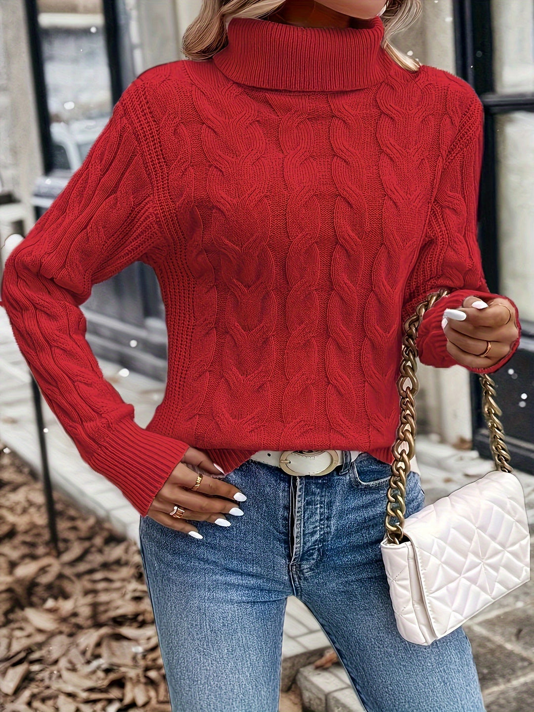 Cable-Knit Turtleneck Sweater for Women, Cozy Style