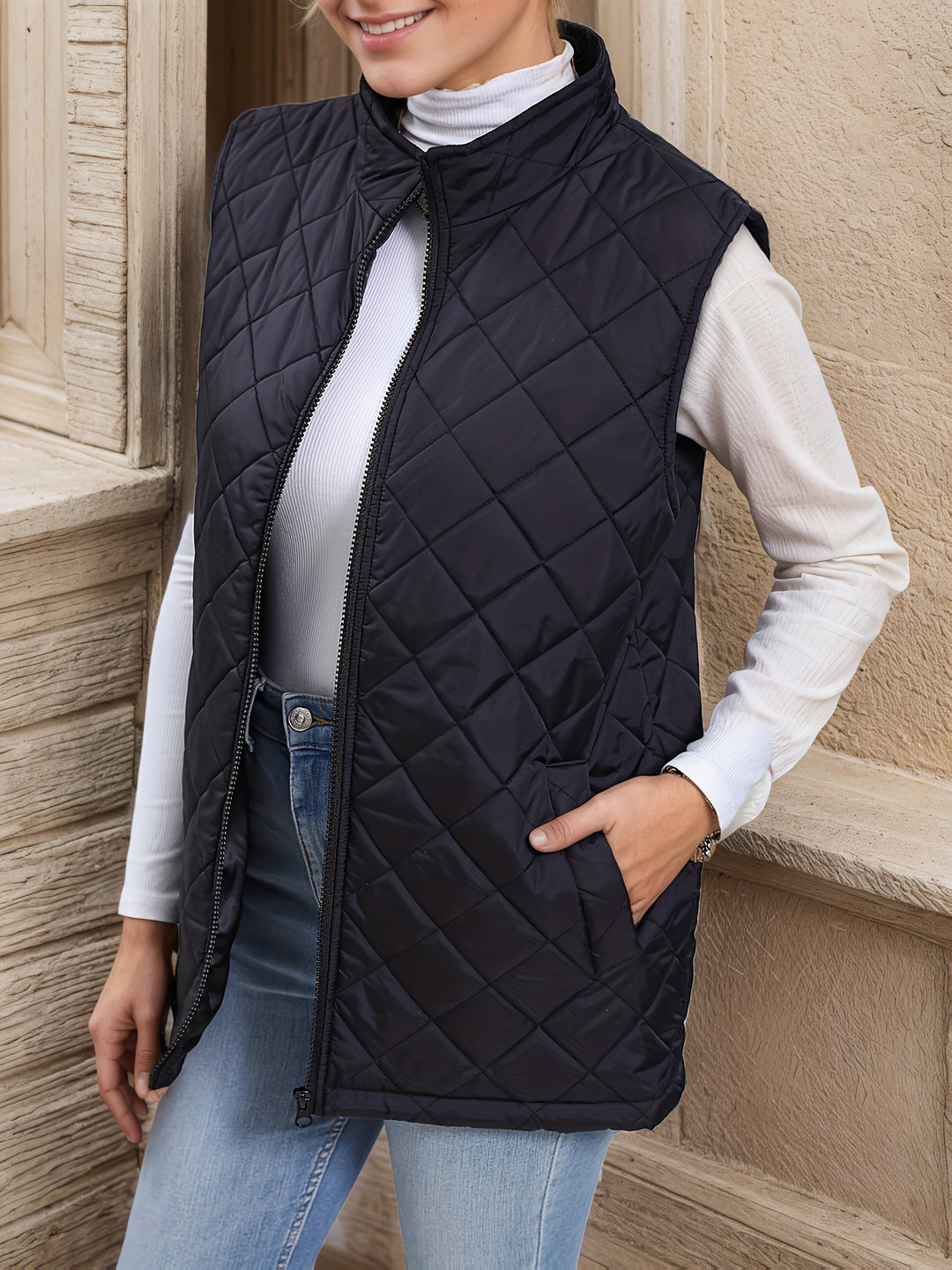 Diamond-Quilted Longline Vest for Women