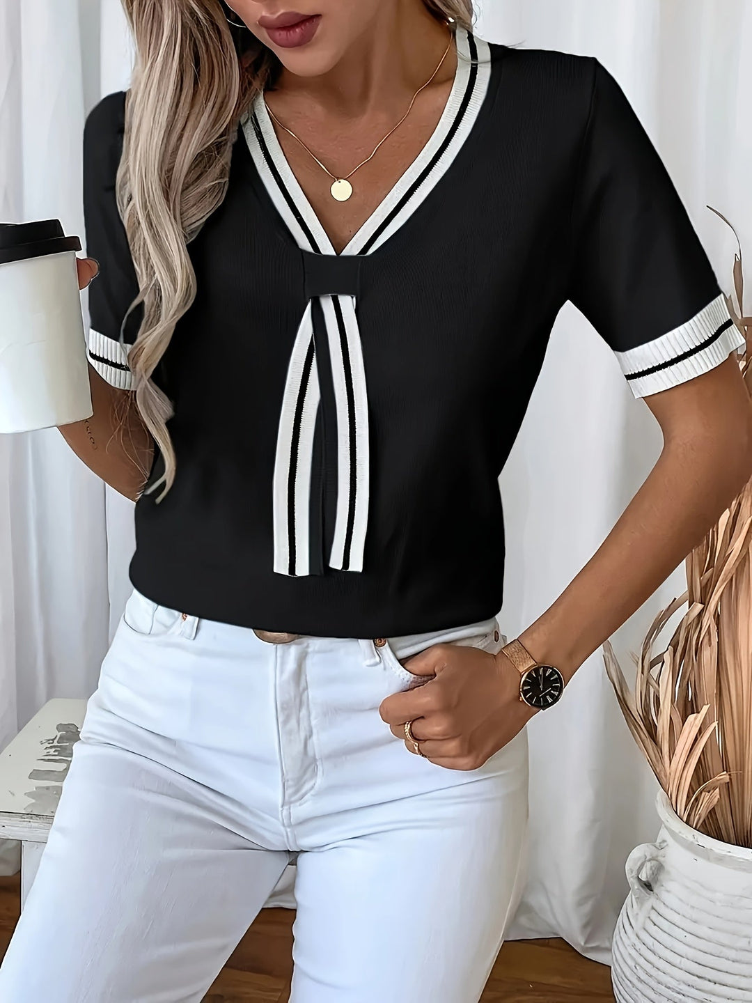 V-Neck Short-Sleeve Pullover for Women
