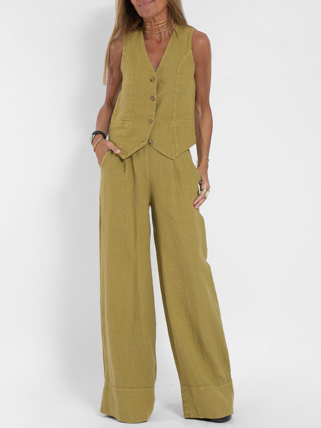 Sleeveless V-Neck Vest & Wide-Leg Pants Set for Women