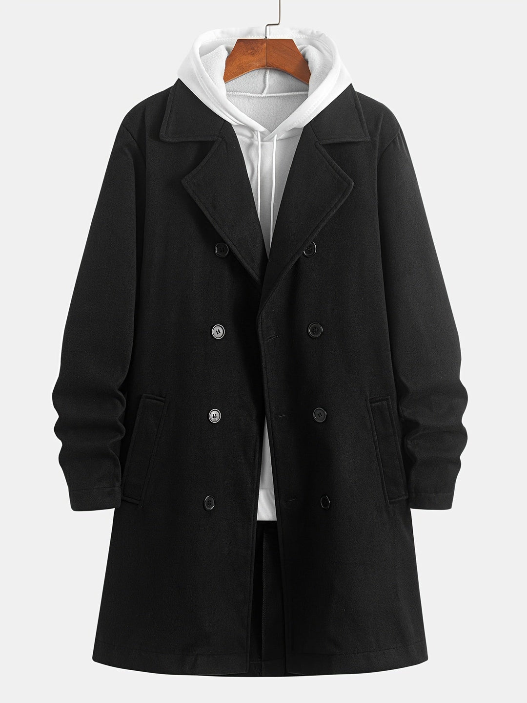 Black Double-Breasted Tailored Overcoat for Men
