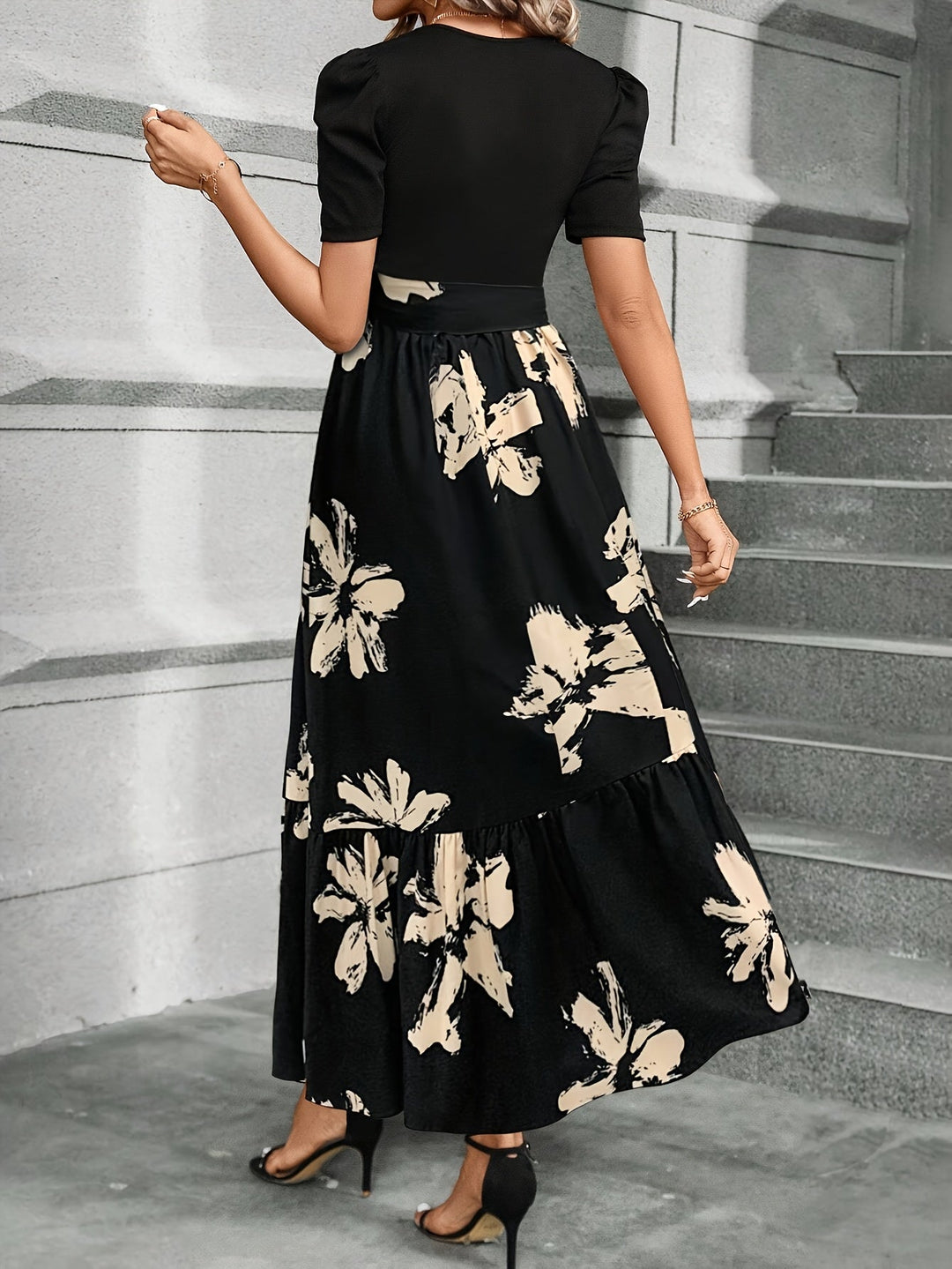 Black Flowing Puff-Sleeve Maxi Dress for Women