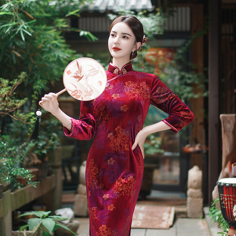 Women's Retro Velvet Cheongsam Dress