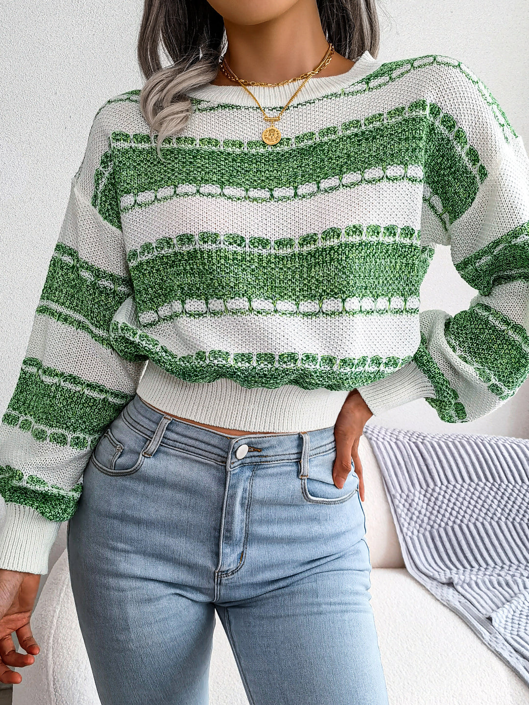 Women's Long Sleeve Knit Sweater – Black, Green, Orange
