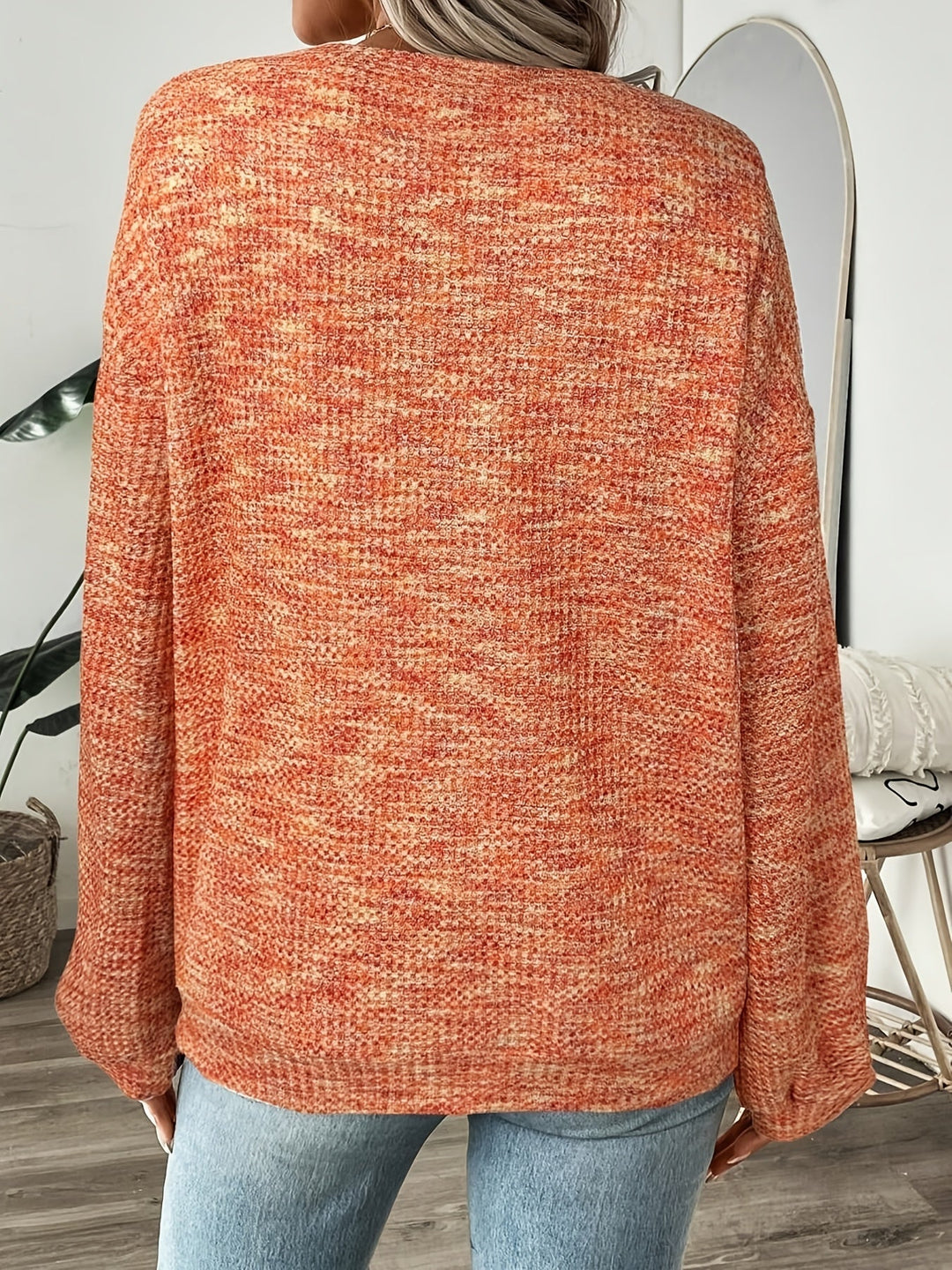 Orange-Red Relaxed Waffle-Knit Sweater for Women
