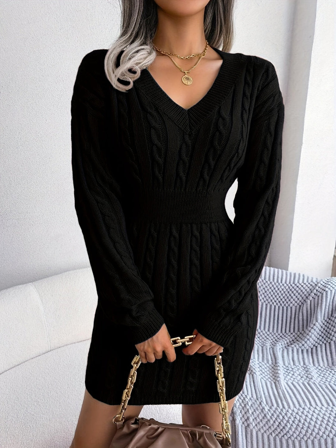 Ladies Cable-Knit Peplum Sweater Dress