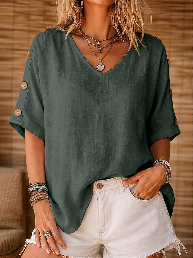 Button-Sleeve Blouse for Women, Relaxed Style