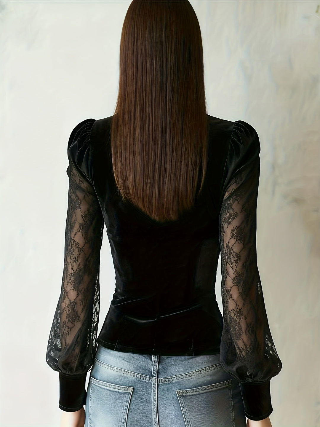 Black Sculpted Sheer-Sleeve Blouse for Women