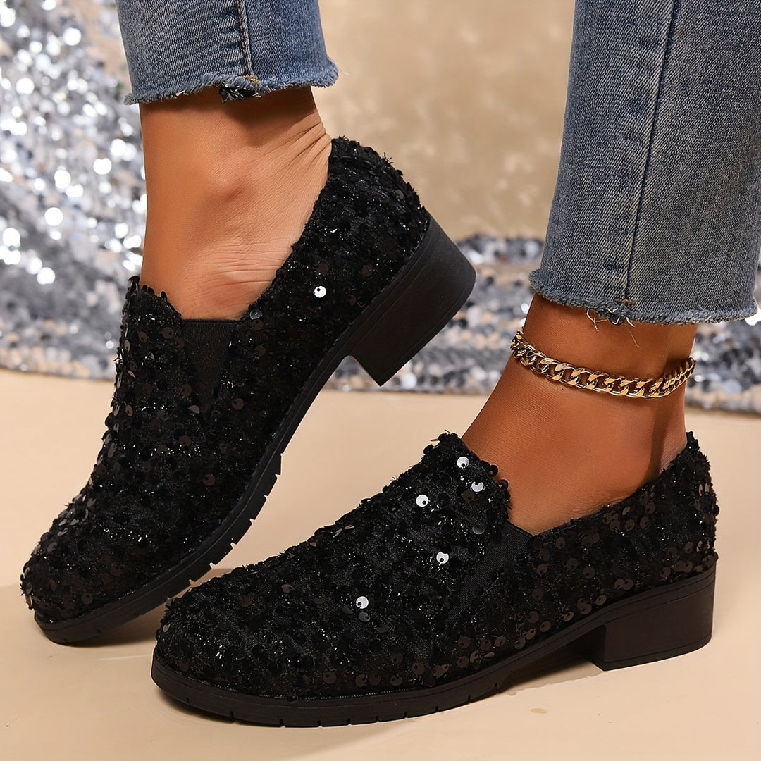 Black Sparkling Slip-On Loafers for Women