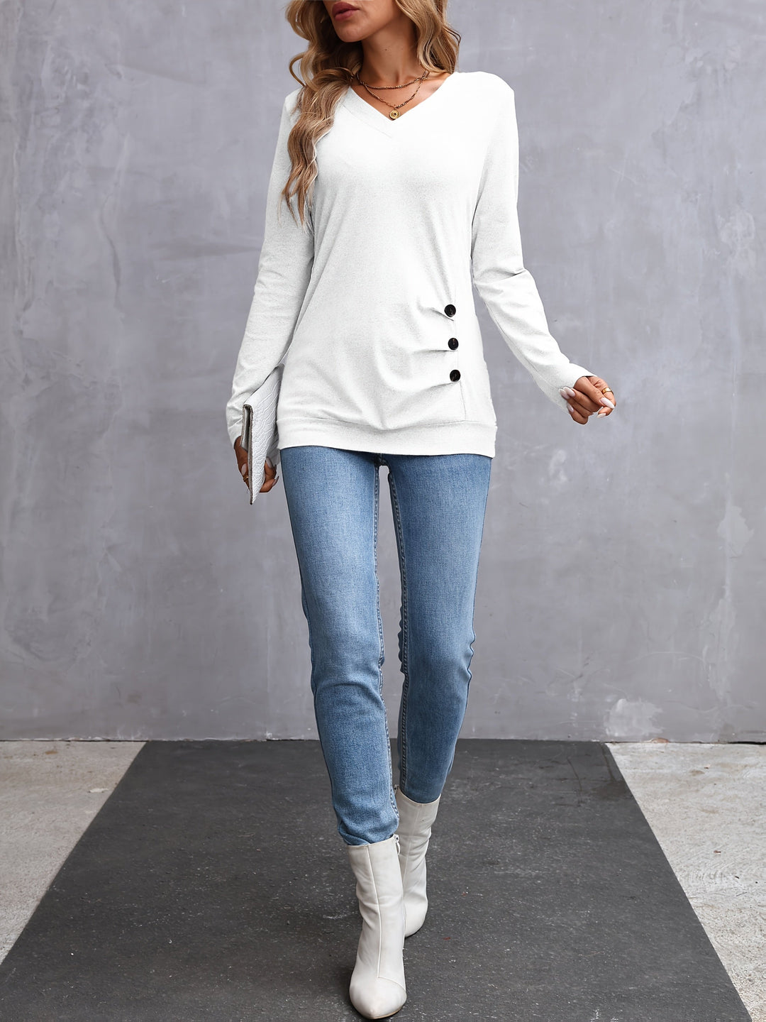 Side-Button V-Neck Long Sleeve Top for Women