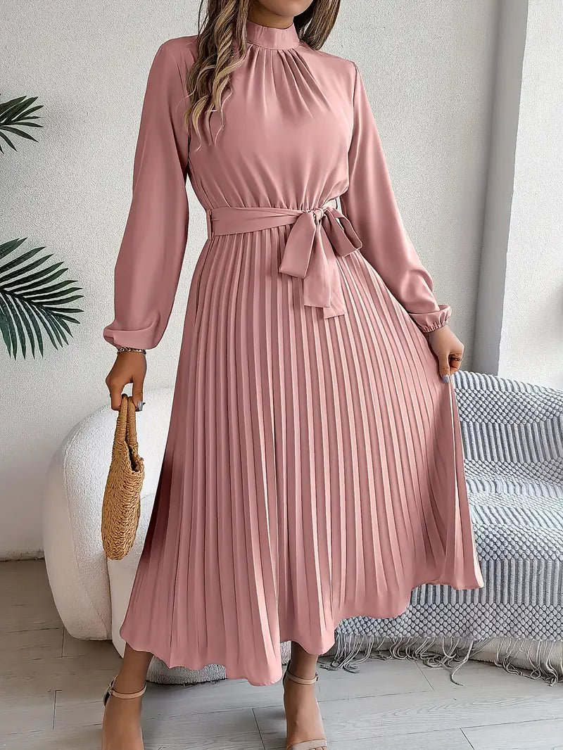 Long-Sleeve Belted Waist Midi Dress for Women