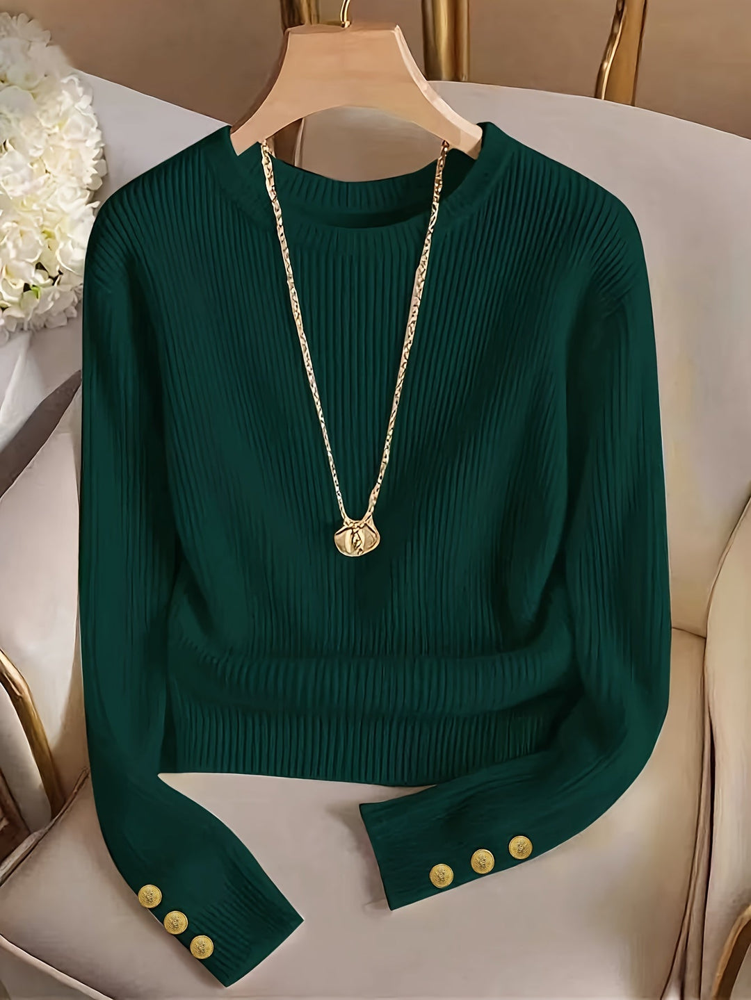 Ribbed Button-Cuff Sweater for Women