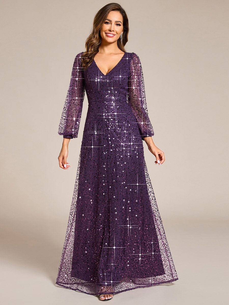 Women's Sequin A-Line Maxi Party Dress – V-Neck, Stretch