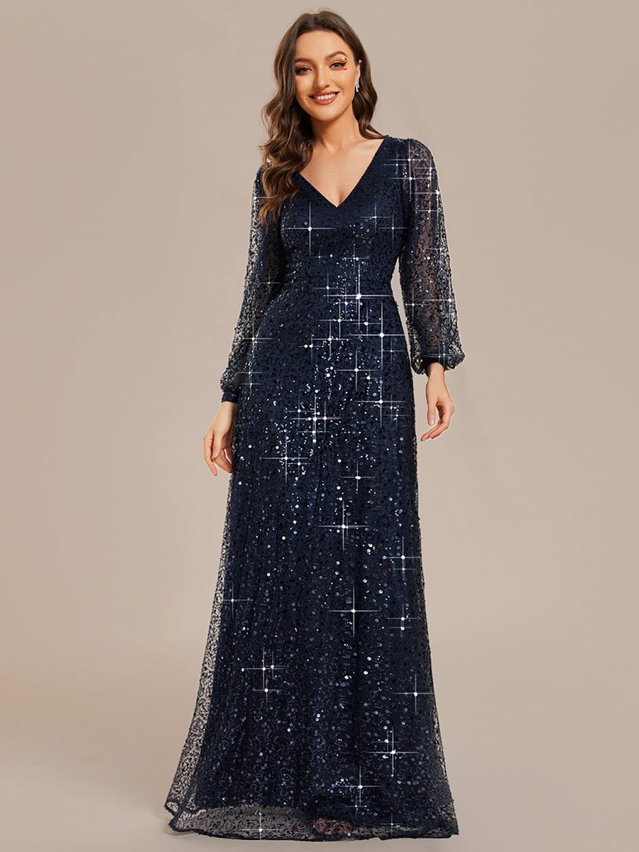 Women's Sequin A-Line Maxi Party Dress – V-Neck, Stretch