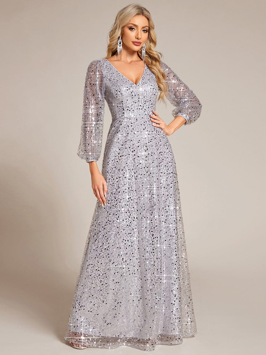 Women's Sequin A-Line Maxi Party Dress – V-Neck, Stretch