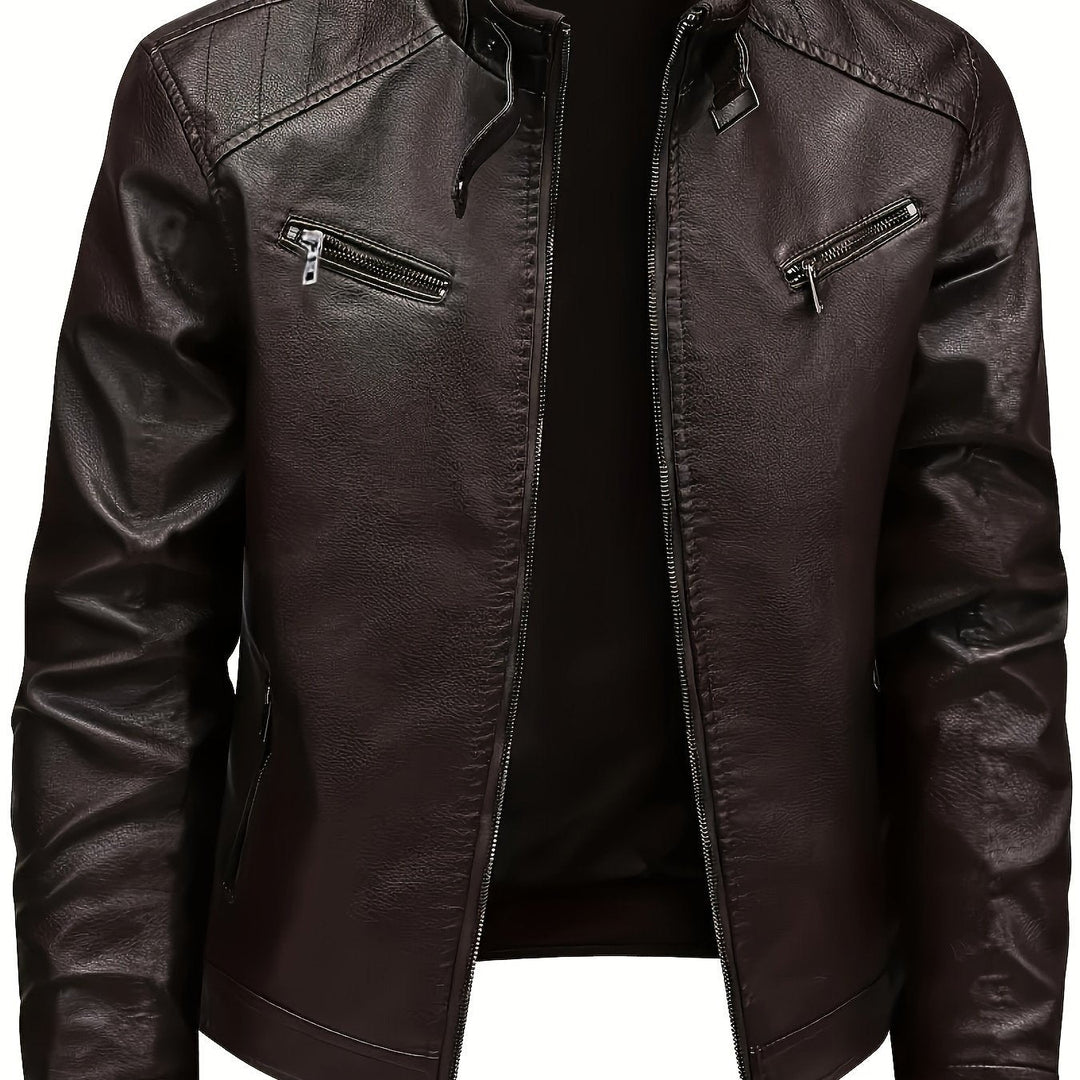 Coffee Brown Classic Stand-Collar Moto Jacket for Men