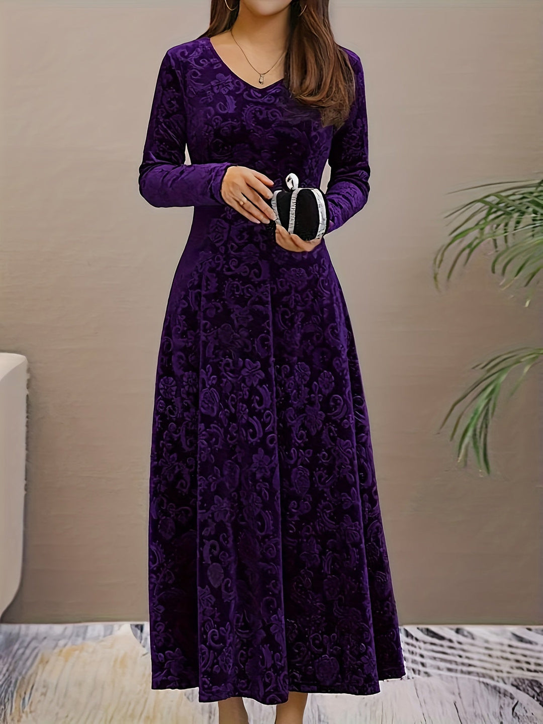 Long-Sleeve Midi Dress for Women, Elegant Style