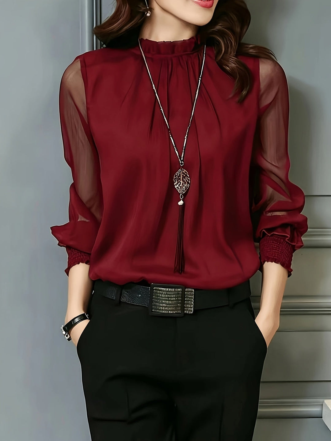 Stand-Collar Long-Sleeve Blouse for Women